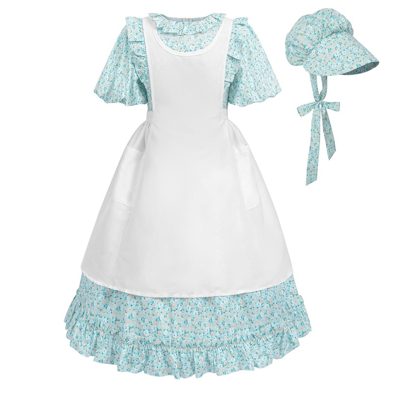 Ltakk Pioneer Dress Girls Colonial Costume Prairie Pilgrim Girl Dresses With Pinafore, Egg Blue, Medium, Age Over 4 Years Old