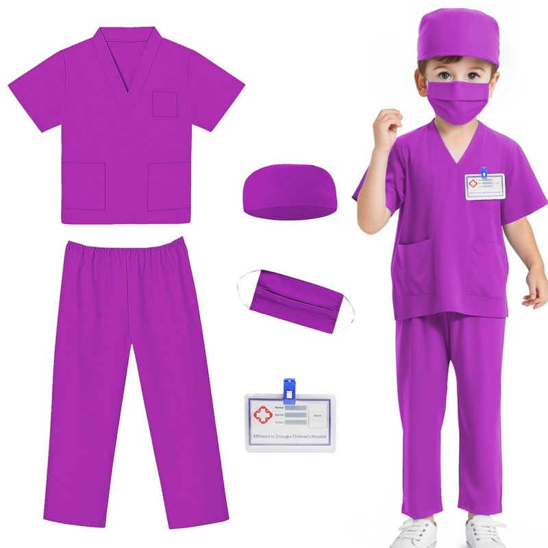 Mizzuco Doctor Costume For Kids,Toddler Nurse Scrubs Halloween Dress Up Cosplay For Boys Girls 3-12 Years (Purple, L-130Cm/5-6Yr