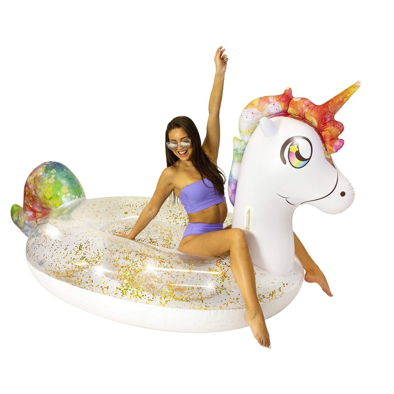 Poolcandy Gigantic Inflatable 2 To 3 Person Pool, Beach, And Lake Swim Rafts (Gigantic 2 To 3 Person Gold Glitter Unicorn)