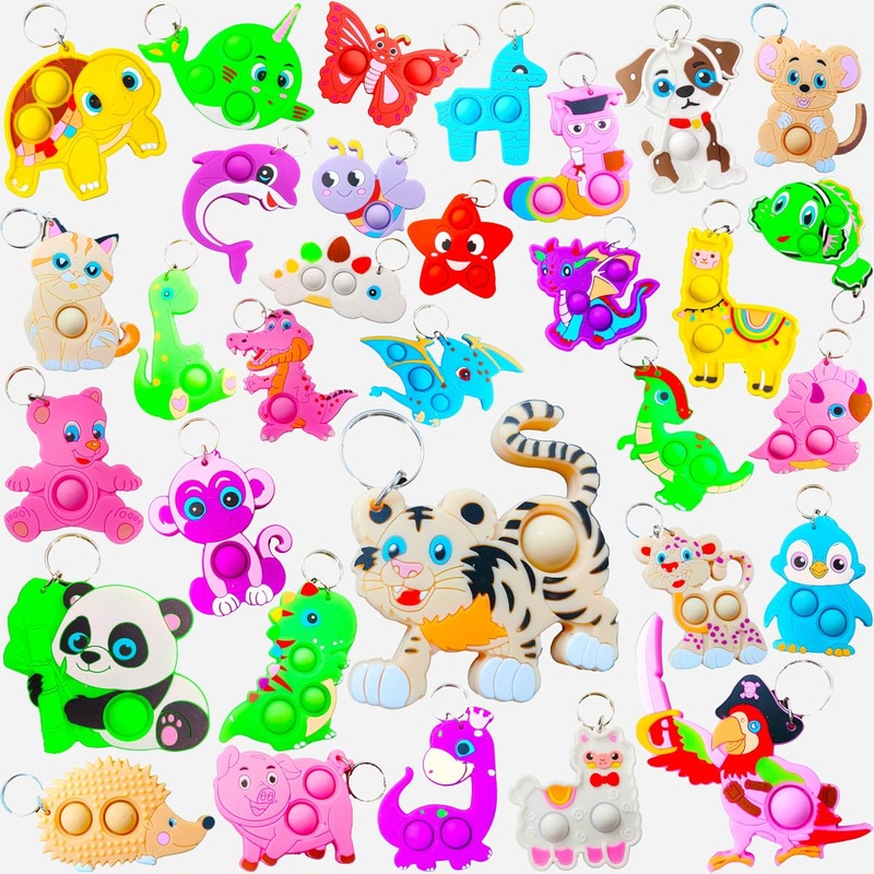Roaqua 32 Packs Bulk Backpack Animal Fidget Keychain Decor Small Animal Mini Pop For Students Gifts And Animal Party Favors,Dog