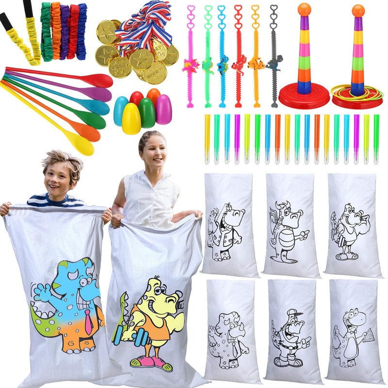 Roundfunny 98 Pcs Easter Games For Family Kids Outdoor Include Diy Coloring Potato Sack Race Bags Leg Ties Egg Spoon Medals Colo