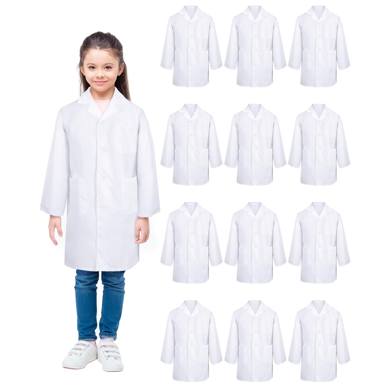 Seajan 12 Pcs Unisex Kids Lab Coat Bulk Soft Kids Scrubs White Doctor Coat Scientist Halloween Costume For Boys And Girls (Xs Si