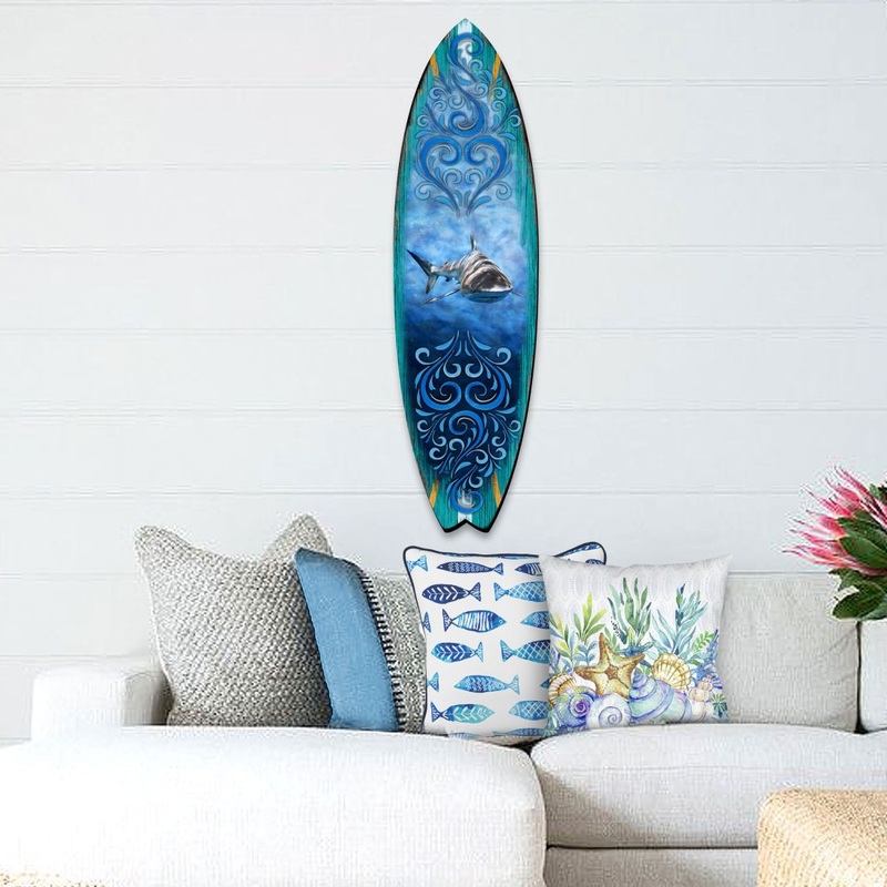 Shark Surfboard Coastal Door Art by G. DeBrekht – Coastal Sea-Life Decor – 8490104HS