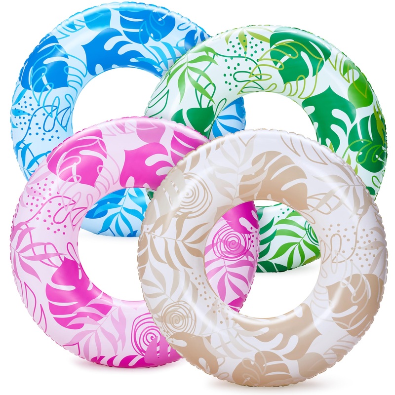 Sloosh 4 Pack Pool Floats, Pool Tube For Kids Swim Rings Inflatable Tubes, Tropical Leaves Floatie Ring Water Toys For Swimming,