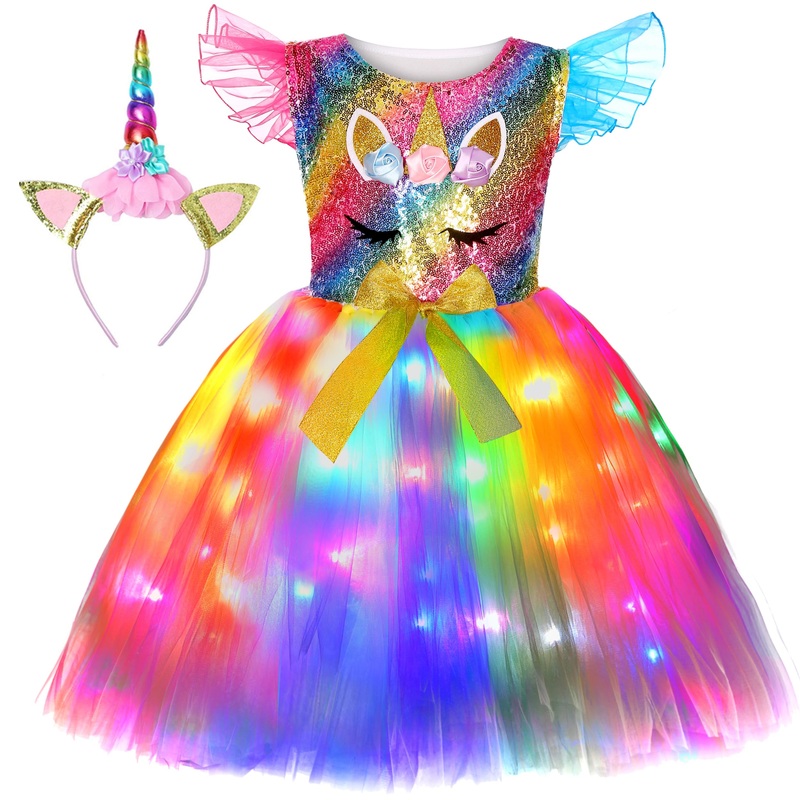Soyoekbt Girls Unicorn Costume Led Light Up Unicorn Dress For Girls Princess Birthday Party Dress Up (5-6 Years)