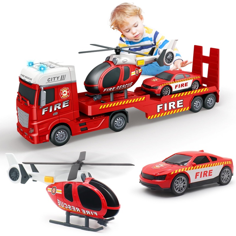 Yiwsnust Large Flatbed Semi Truck Toy For Kids, 25.6 Big Fire Truck Toy With Flatbed Trailer, Helicopter And Fire Police Car, Fr