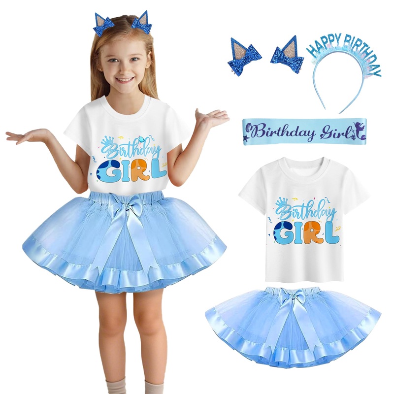 Yodison Girls Birthday Costume,T-Shirt And Tutu Dress,Headband Satin Sash Birthday Party For Kids(120Cm/5-6T) Blue