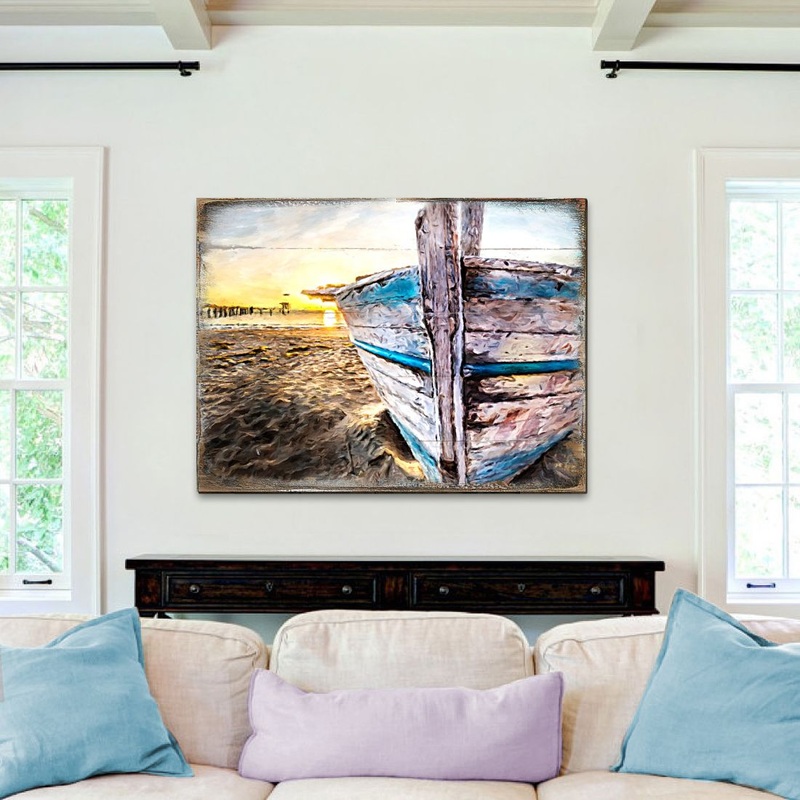 Boat on Shore Wood Wooden Coastal Wall Art by Nature Wonders – Coastal Sea-Life Decor – 95249B
