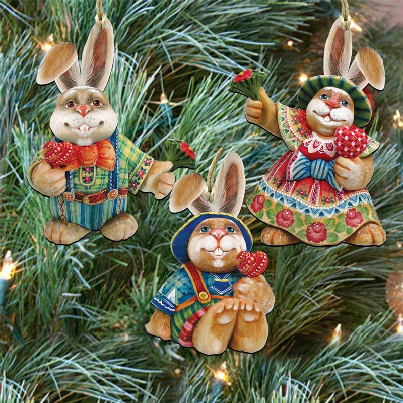 Bunny Family Rustic Wooden Ornaments Set of 3 by G. DeBrekht – Easter Spring Decor – 8100020S3