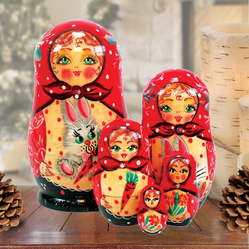 Bunny Matreshka Nesting Hand-Painted Doll Set of 5 by G. DeBrekht – Easter Spring Decor – 120058