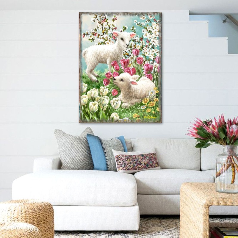 Easter Lambs Wooden Wall Art by D. Gelsinger – Easter Spring Decor – 95673B-DG