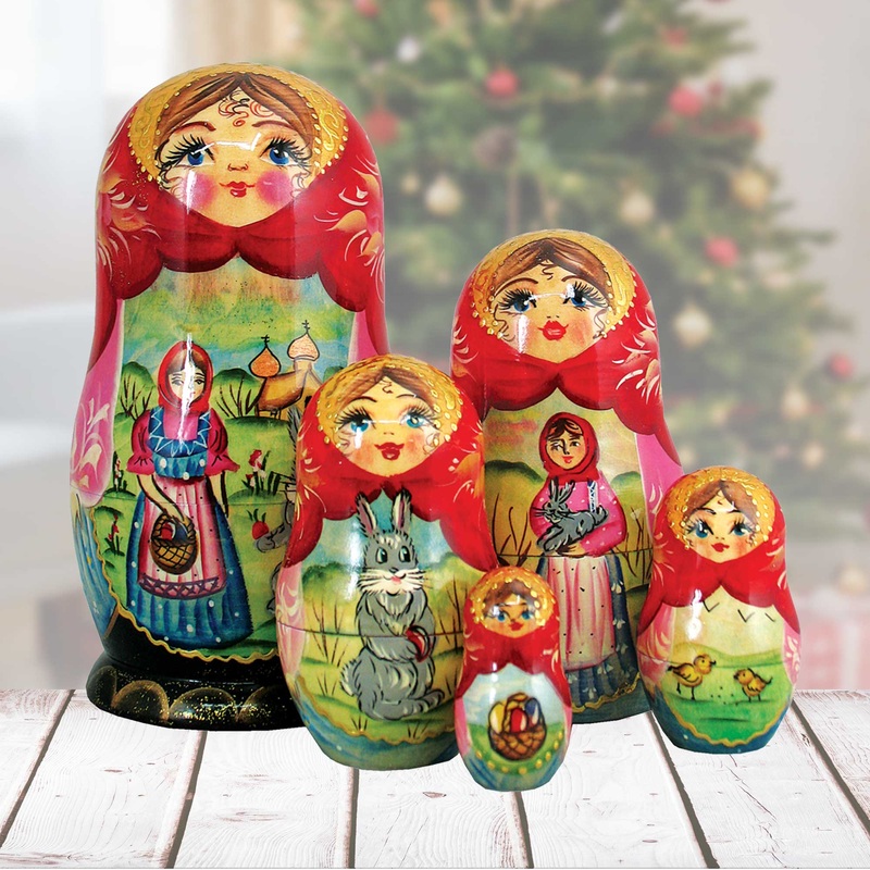 Easter Story Matreshka Nesting Hand-Painted Dolls Set of 5 by G. DeBrekht – Easter Spring Decor – 130251