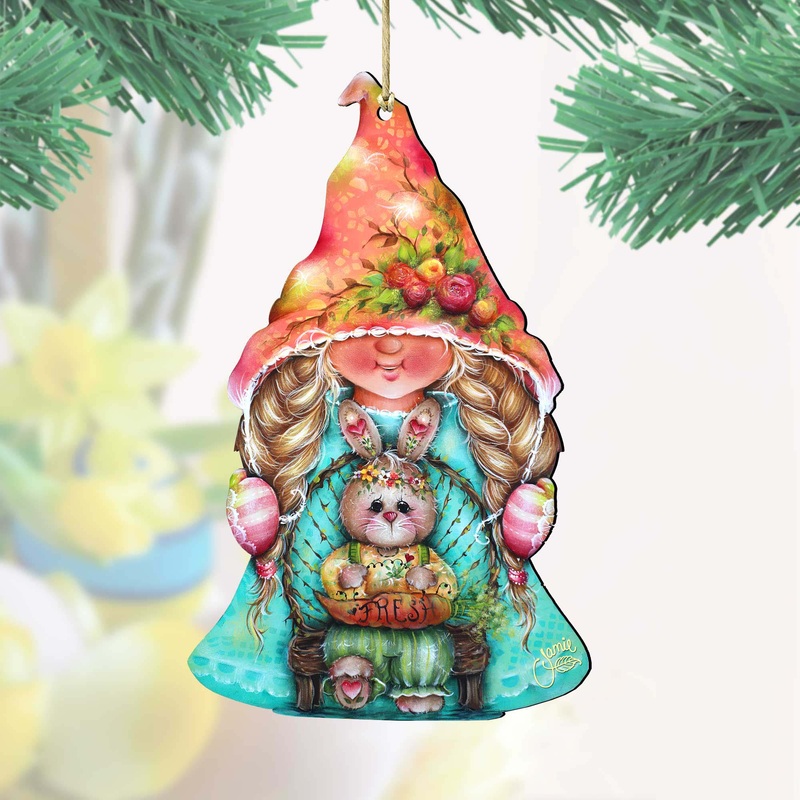 Gnome Girl with Bunny Wooden Ornaments by Jamie Mills-Price – Easter Spring Decor – 8457610