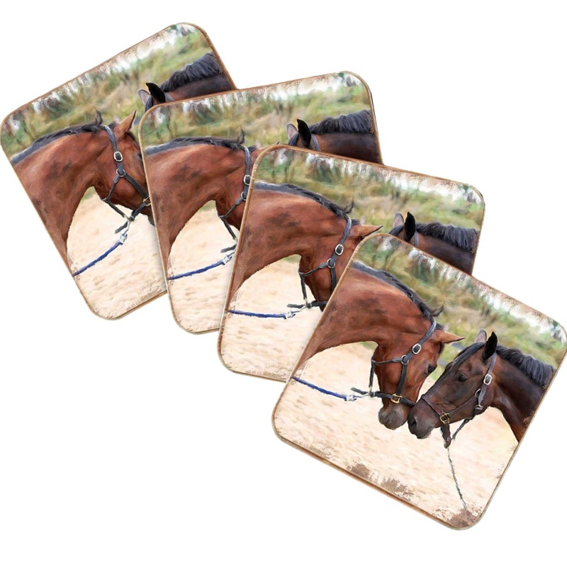 Horses Wooden Cork Coasters Gift Set of 4 by Nature Wonders – Nature Wildlife Decor  – 95370C-S4