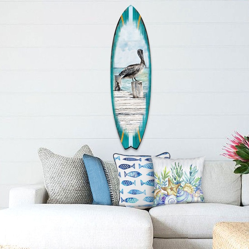 Pelican Surfboard Coastal Door Art by G. DeBrekht – Coastal Sea-Life Decor – 8490107HS