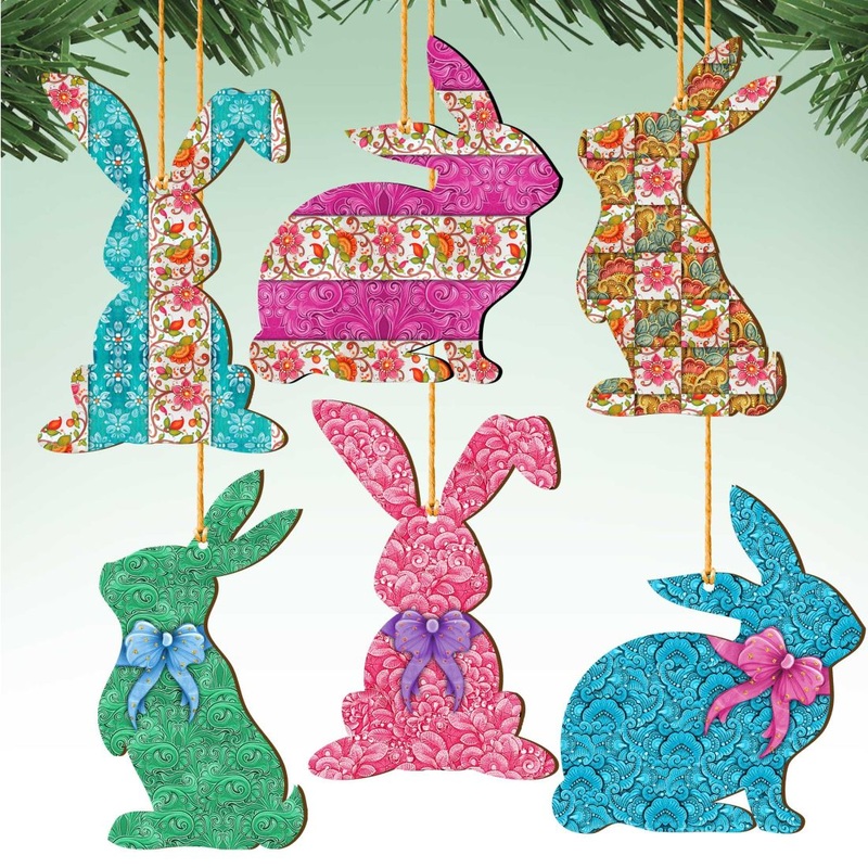 Quilted Bunny Wooden Ornaments Set of 6 by G. DeBrekht – Easter Spring Decor – 815442X-S6