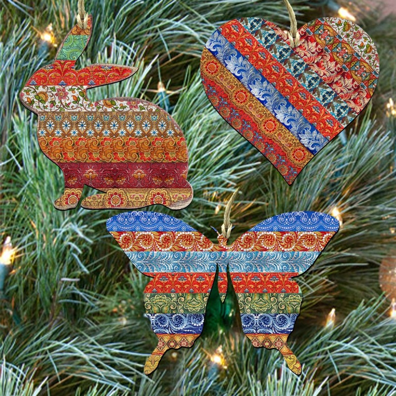 Quilted Wooden Ornaments Set of 3 by G. DeBrekht – Easter Spring Decor – 8100027S3