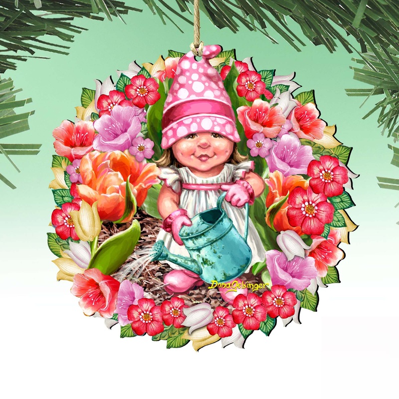 Spring Blossom Gnome Dwarf Wreath Wooden Ornaments by Gelsinger – Easter Spring Decor – 8161055-DG