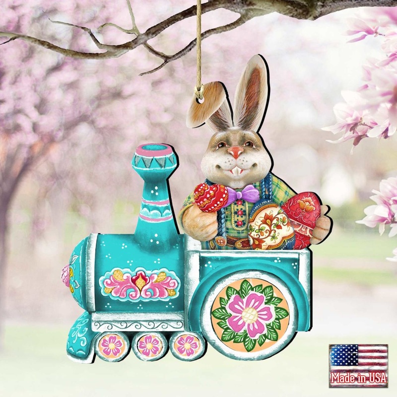 Village Train Ride Bunny Wooden Ornaments by G. DeBrekht – Easter Spring Decor – 8129211-2
