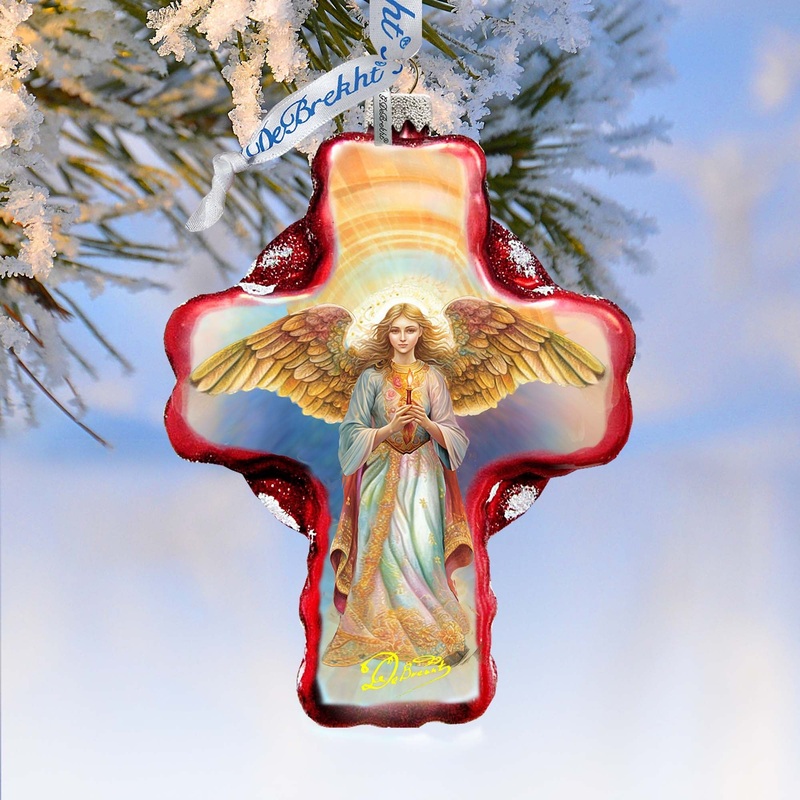 Angel Descending from Heaven Cross Glass Ornament by G. Debrekht – Nativity Holiday Decor – 758-025