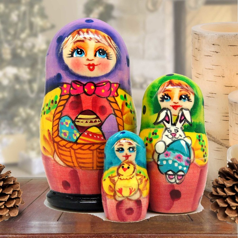 Basket Matreshka Nesting Hand-Painted Doll Set of 3 by G. DeBrekht – Easter Spring Decor – 14737