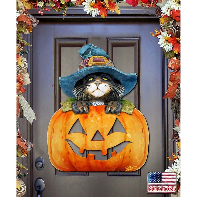Black Cat pumpkin Halloween Door Decor by G. DeBrekht – Thanksgiving Halloween Decor – 8158416H