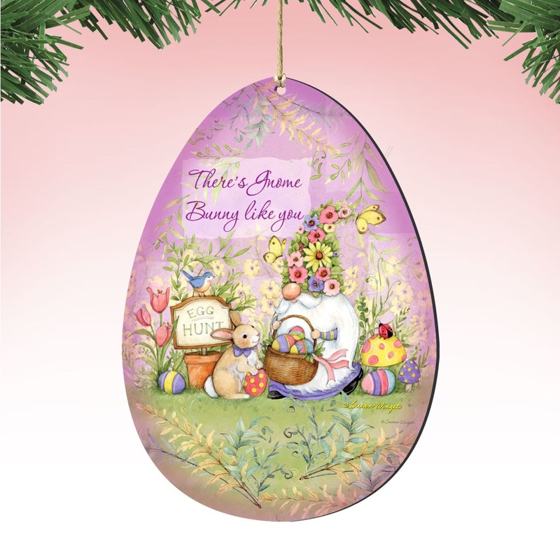 Bunny Garden Gnome Egg Wooden Ornaments by Susan Winget – Easter Spring Decor – 8471121-SW