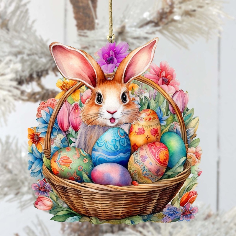Bunny in a Basket Wooden Ornaments by G. DeBrekht Easter Spring Decor – 8652764