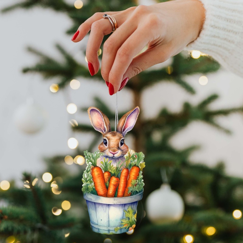 Bunny with Basket of Carrots Wooden Ornaments by G. DeBrekht Easter Spring Decor – 8652769