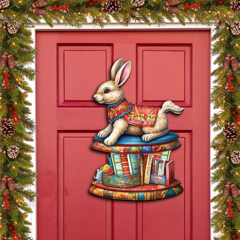 Carousel Bunny with Books Holiday Door Decor by G. Debrekht – Christmas Decor – 8611085H