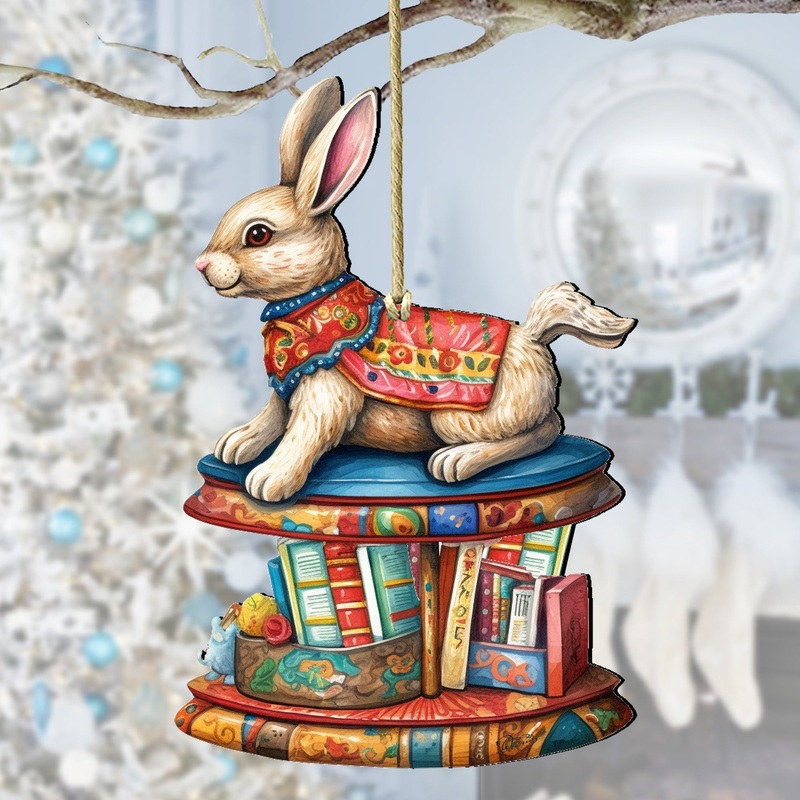Carousel Bunny with Books Wooden Ornaments by G. Debrekht – Christmas Decor – 8100195-2