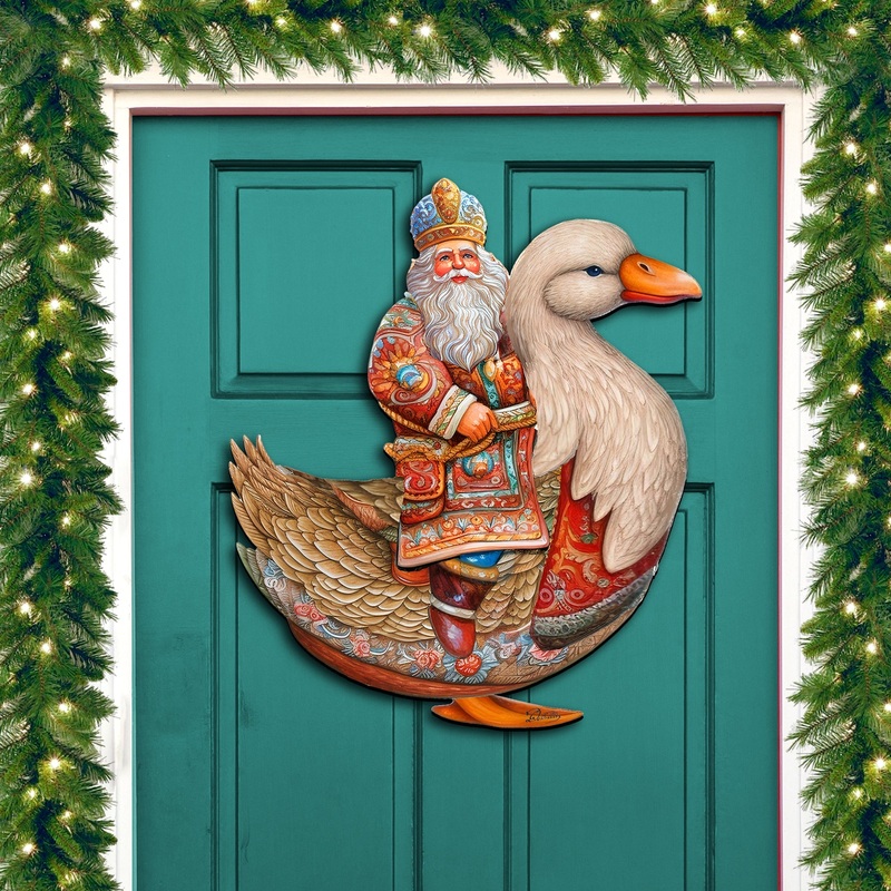 Charming Santa Riding Goose Holiday Door Decor by G. Debrekht – Christmas Santa Snowman Decor – 8611063H