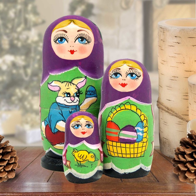 Easter Matreshka Nesting Hand-Painted Doll Set of 3 by G. DeBrekht – Easter Spring Decor – 14716
