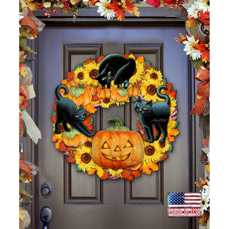 Halloween Cats Holiday Door Wreath by Laura Seeley – Thanksgiving Halloween Decor – 8185305-4H-SL