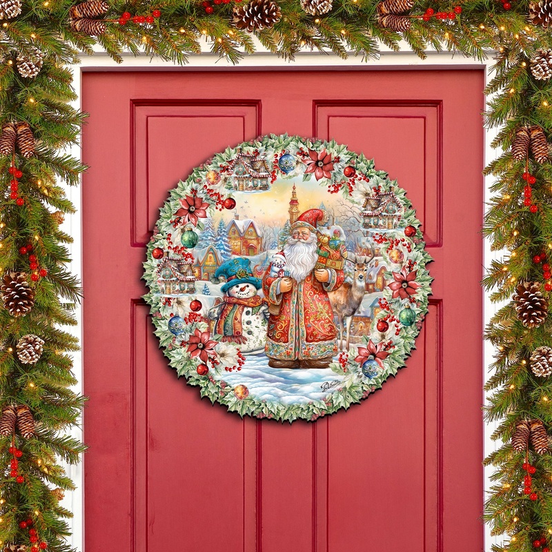 Merry Christmas Wreath Holiday Door Decor by G. Debrekht – Christmas Santa Snowman Decor – 8611069H