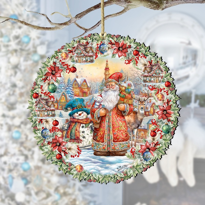 Merry Christmas Wreath Wooden Ornaments by G. Debrekht Christmas Santa Snowman Decor – 8611069