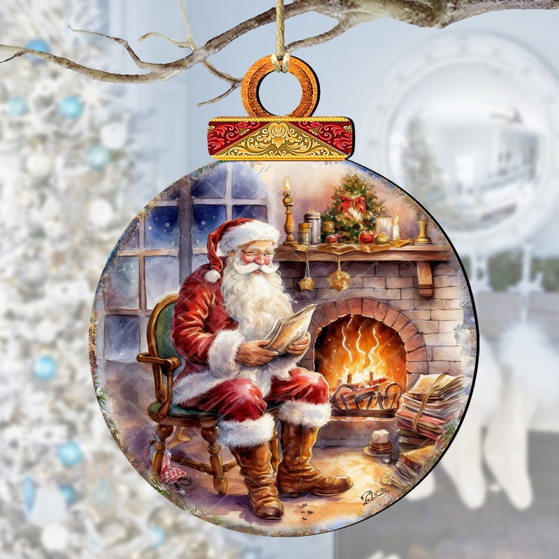Santa at the Fireplace Wooden Ornaments by G. Debrekht Christmas Santa Snowman Decor – 8611089