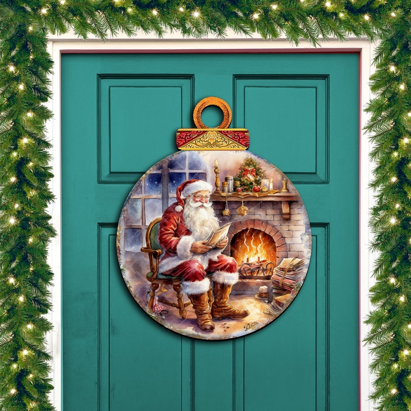 Santa at the Fireplace Wreath Holiday Door Decor by G. Debrekht – Christmas Santa Snowman Decor – 8611089-2H