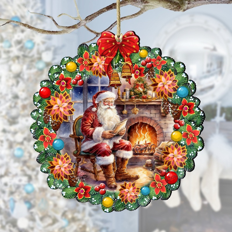 Santa at the Fireplace Wreath Wooden Ornaments by G. Debrekht Christmas Santa Snowman Decor – 8611089-2