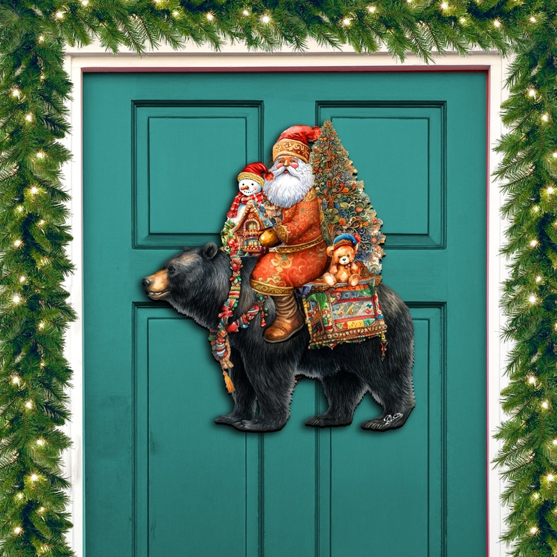 Santa Claus and Black Bear Friend Holiday Door Decor by G. Debrekht – Christmas Santa Snowman Decor – 8611064H