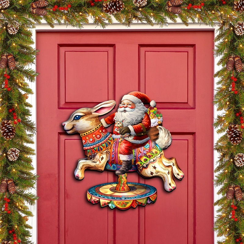 Santa Claus on Bunny Carousel Holiday Door Decor by G. Debrekht – Christmas Santa Snowman Decor – 8611067H