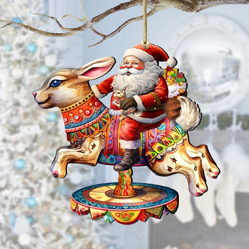 Santa Claus on Bunny Carousel Wooden Ornaments by G. Debrekht Christmas Santa Snowman Decor – 8611067