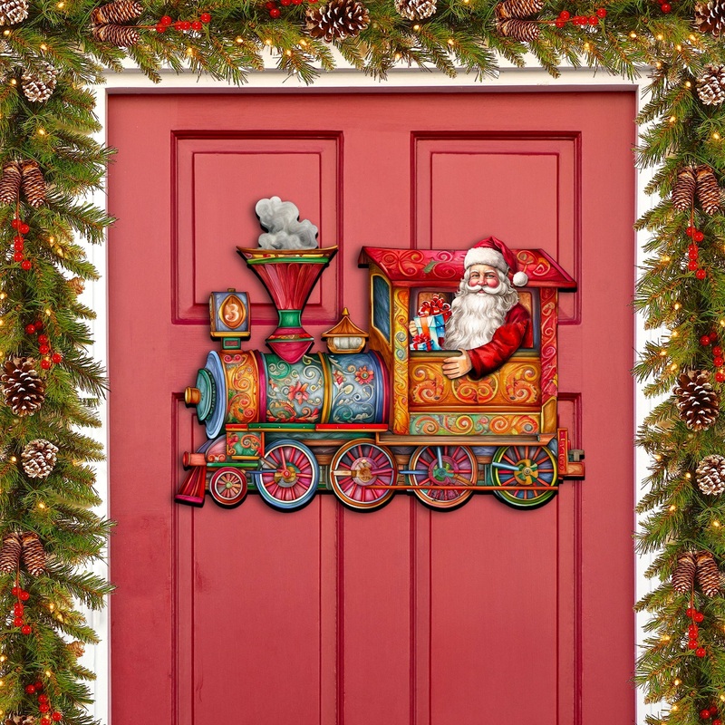 Santa’s Train Holiday Door Decor by G. Debrekht – Christmas Santa Snowman Decor – 8611090H