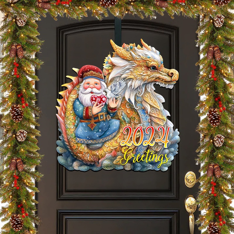 Santa with Dragon Holiday Door Decor by G. Debrekht – Christmas Santa Snowman Decor – 8611088H