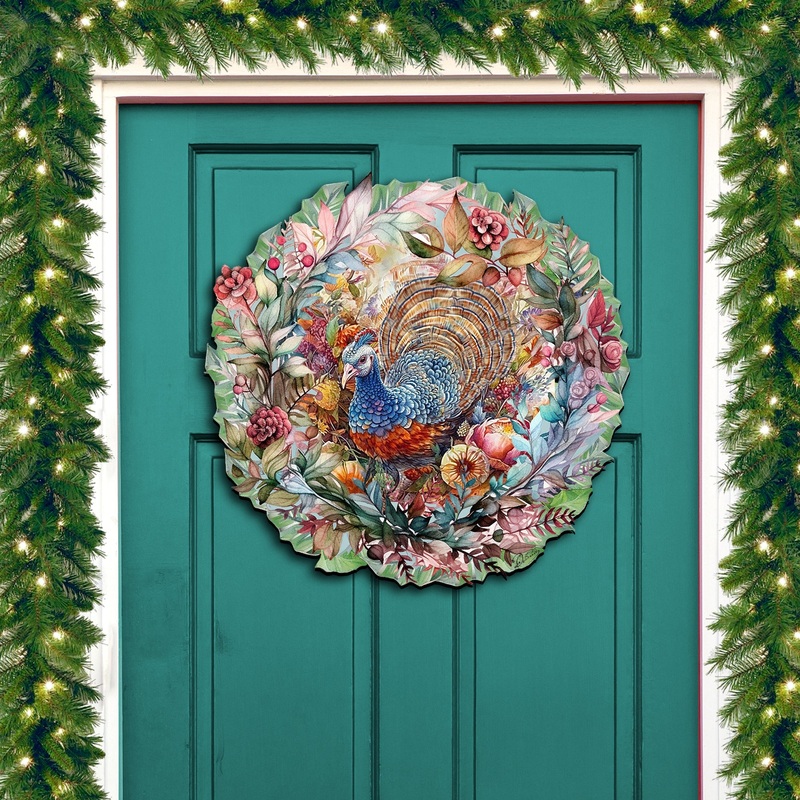 Thanksgiving Turkey Wreath Holiday Door Decor by G. Debrekht – Thanksgiving Decor – 8611083H