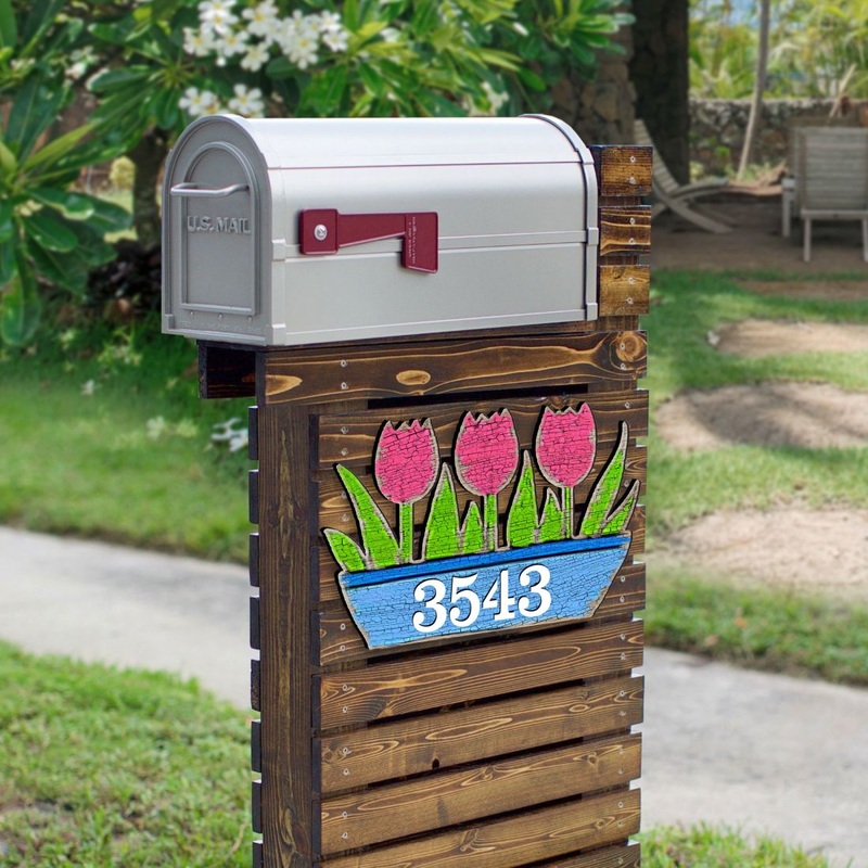Tulips Pot Floral Personalized House Number Sign by G. Debrekht – Easter Spring Decor – Handcrafted Wooden Handcrafted Wooden Handcrafted Wooden Address Sign – MA989804