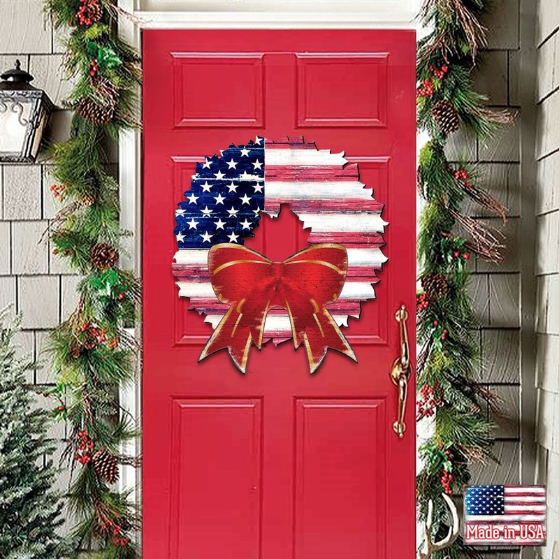 American Flag Holiday Door Wreath by G. DeBrekht – American Christmas Decor – 8185302H