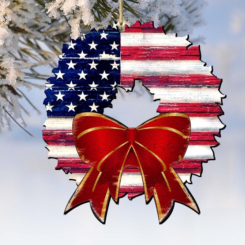 American Flag Wreath Wooden Ornaments by G. DeBrekht – American Christmas Decor – 8185302
