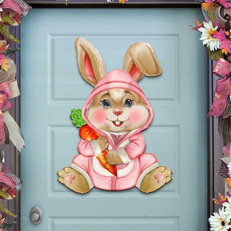 Baby Girl Carrot Bunny Wooden Door Hanger by G. DeBrekht – Easter Spring Decor – 815432-3H