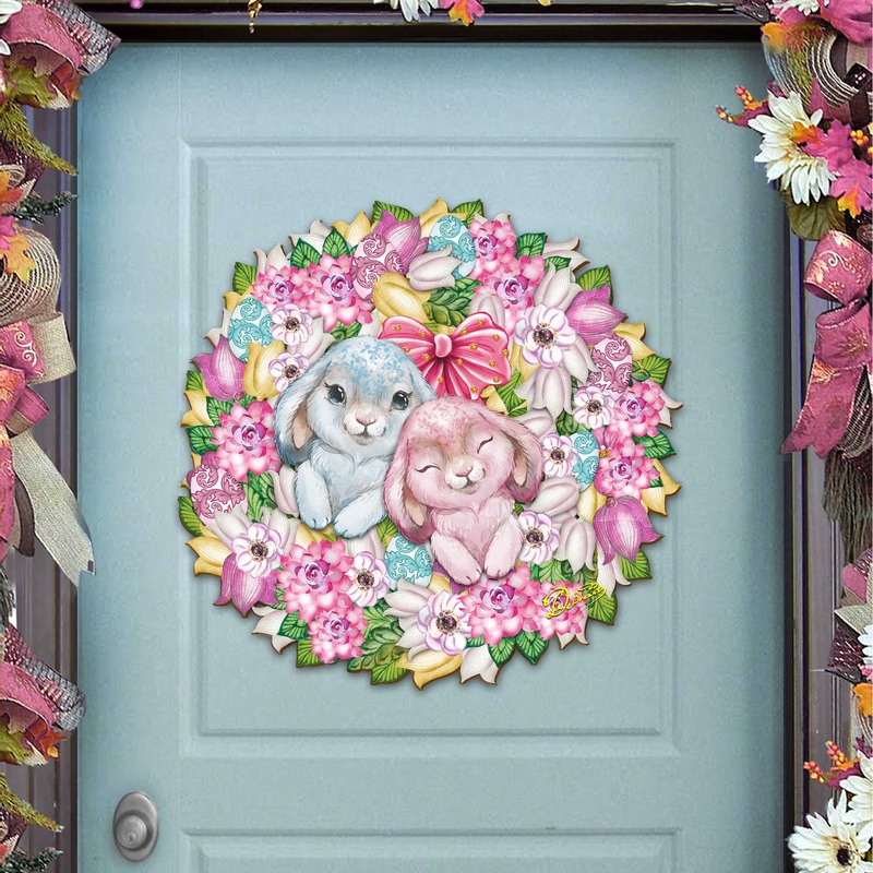 Bunny Love Wreath Door Hanger Wall Art by G. DeBrekht – Easter Spring Decor – 8185301-4H